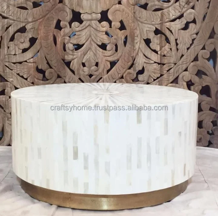 INDIAN CRAFTS LUXURY HANDMADE BONE INLAY ROUND COFFEE TABLE IN NATURAL WHITE COLOR FOR LIVING ROOM DECOR BY CRAFTSY HOME