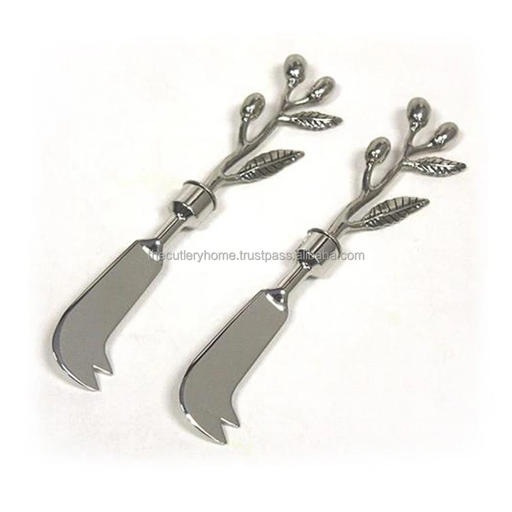 Stainless Steel Cheese Set with Rustic Handmade Brass Nickel Platted Handle Decorative Brass Cheese Set