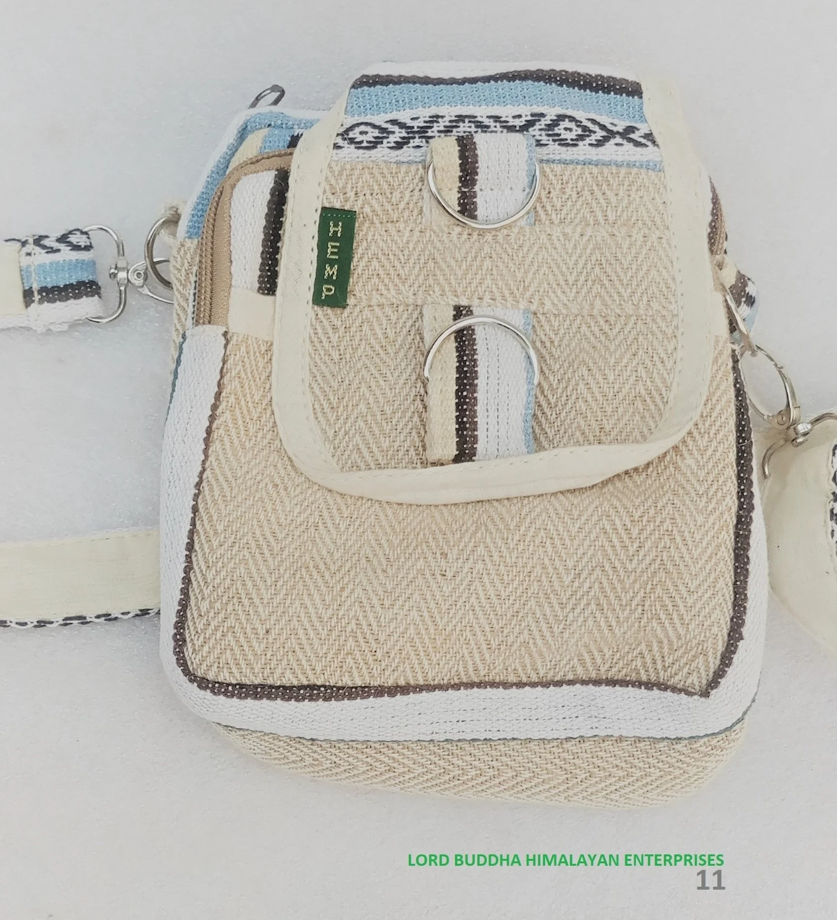 Nepal Made Natural Hemp Bag with Cotton Lining String Closure and Detachable Handle Featuring Character Pattern