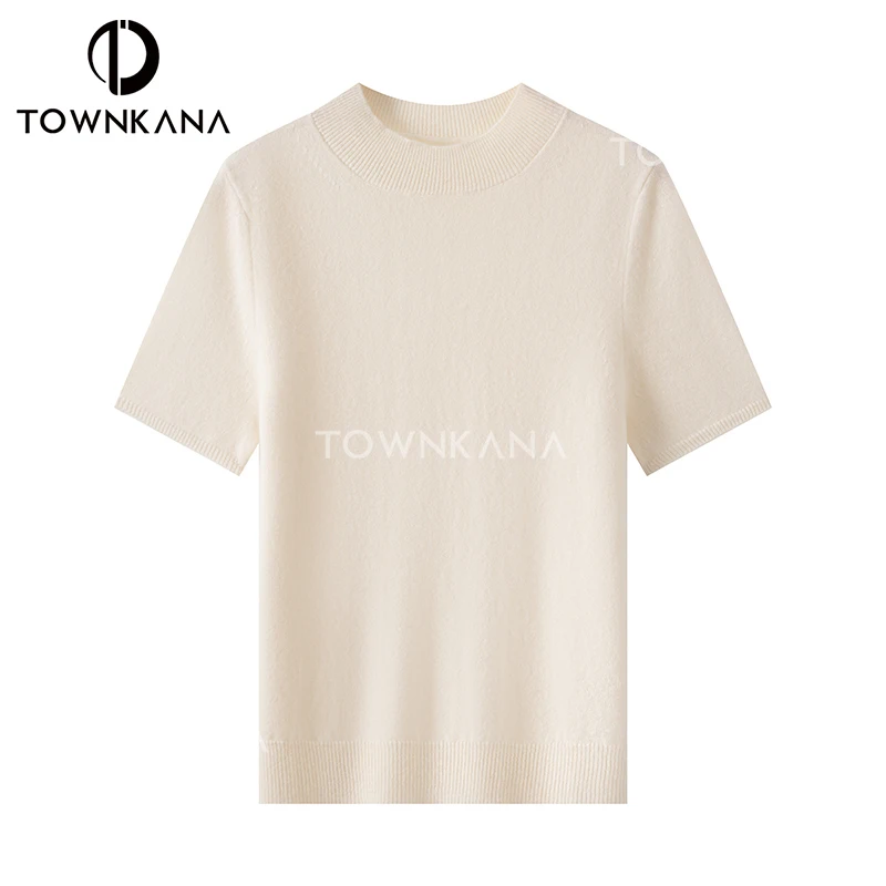 TOWNKANA Natural cashmere without dyeing semi high neck short sleeved cashmere sweater for women