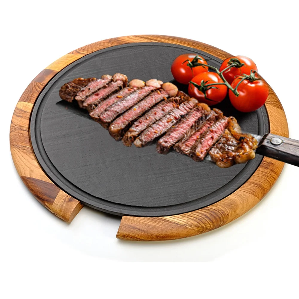 Service Platters Cast Iron with Wooden Base 36 Cm Plate Dish Stone Patterned Service PLATTER Customized Pattern Color Enamel 4mm
