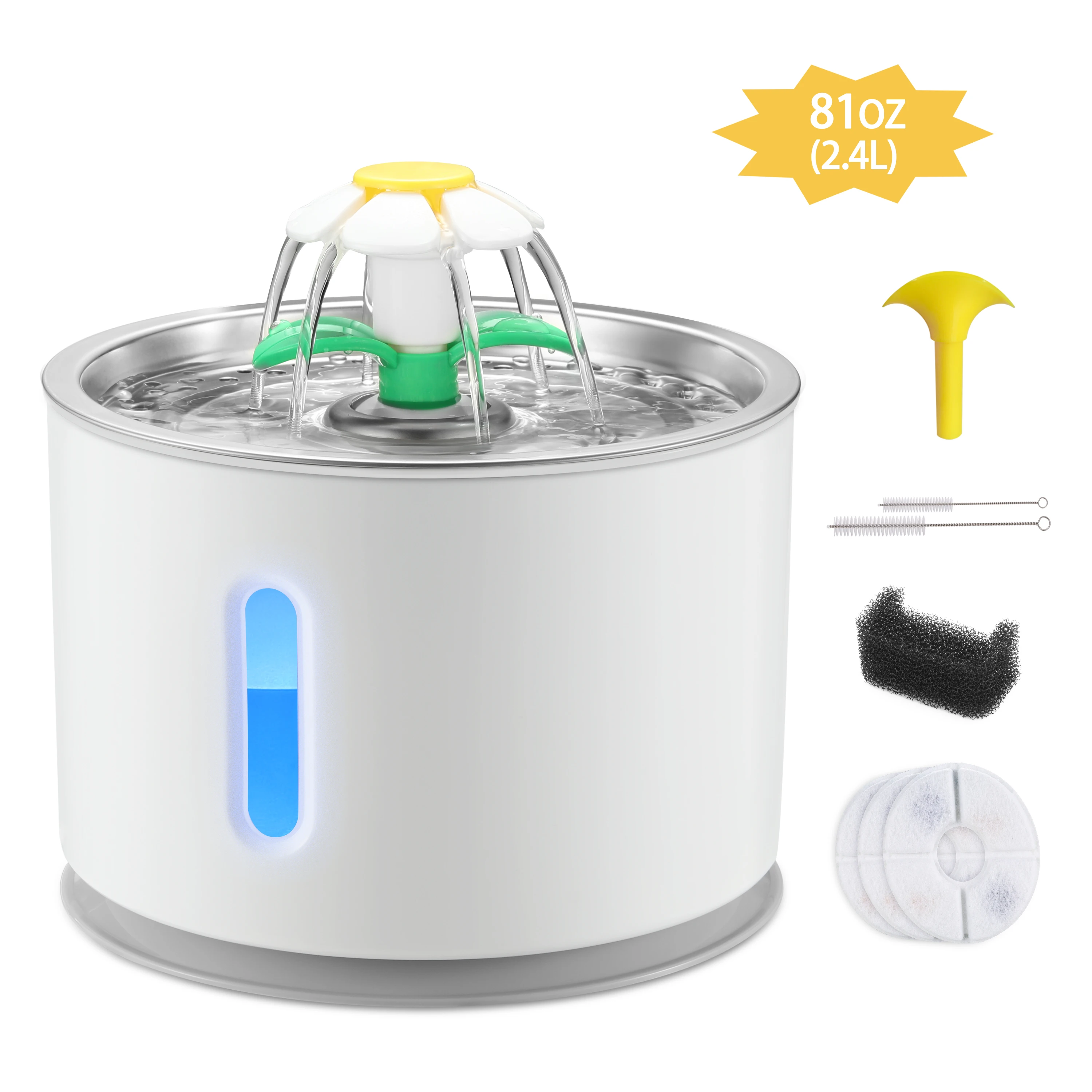 Petwant 2.4L 3 Filters Stainless Steel Smart Cat Fountain Silent Pump Water Shortage Alert Automatic Pet Water Dispenser