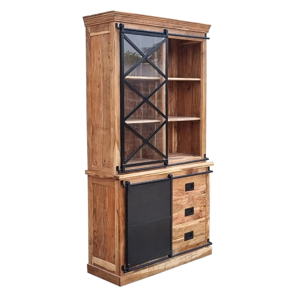 160 cm solid acacia wood dutch sliding door vaisselier cabinet 2022 industrial style buffet cabinet in natural and dark finished