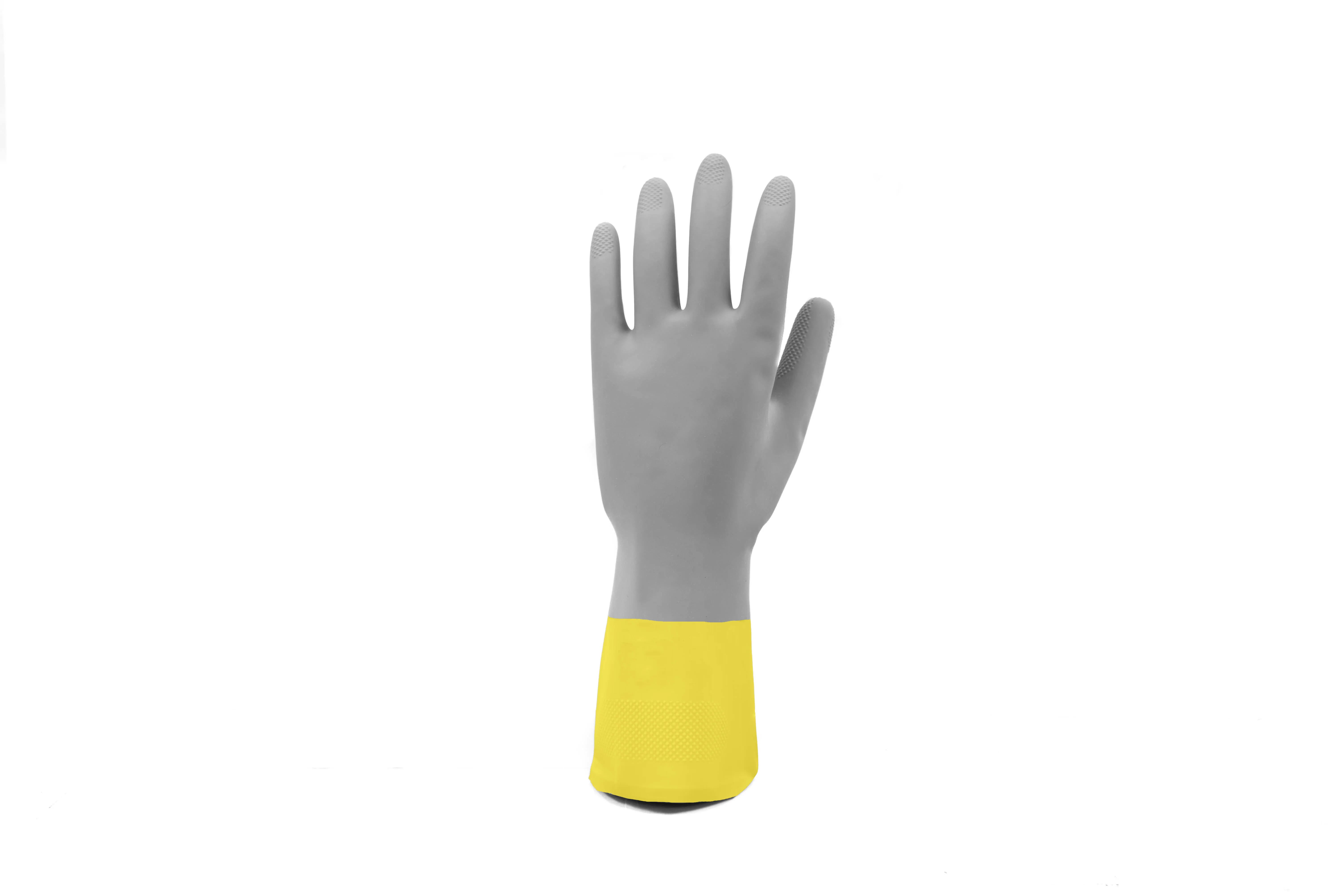 Soft and ergonomic grey over yellow household latex gloves latest color cotton flocklined for janitorial cleaning gardening