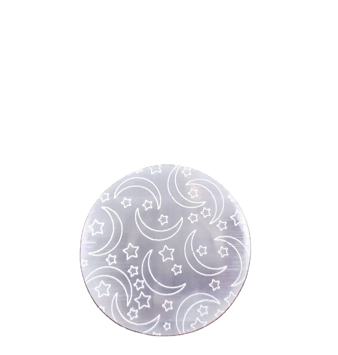 Natural Crystal selenite charging plate with moon symbol:moon symbol engraved plate:selenite:selenite slabs moon:crystal healing