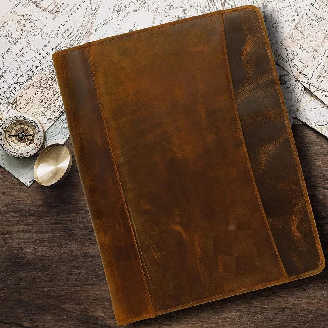 Durable Leather Portfolio, Easy to Carry Zip Closure Holder Leather Folder For Travel Document Holder