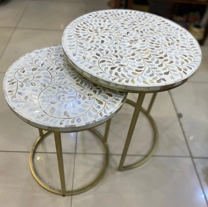 Pearl Inlay flower pattern Set of two Coffee Table with iron stand Luxury Home Furniture Antique Round Coffee Table set of two
