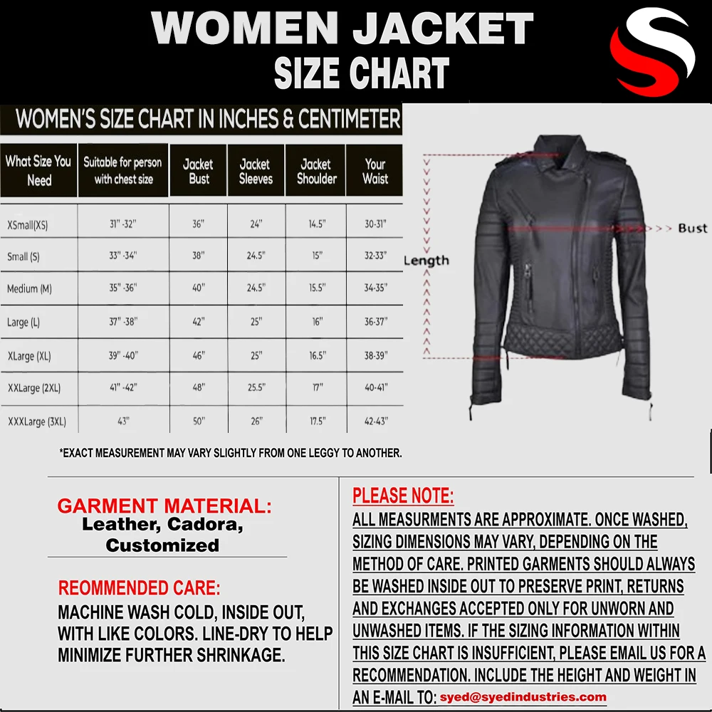 Syed & Sons Latest Stylish Fashion Jackets Motorcycle Bomber Biker Genuine Lambskin Leather Jacket For Women
