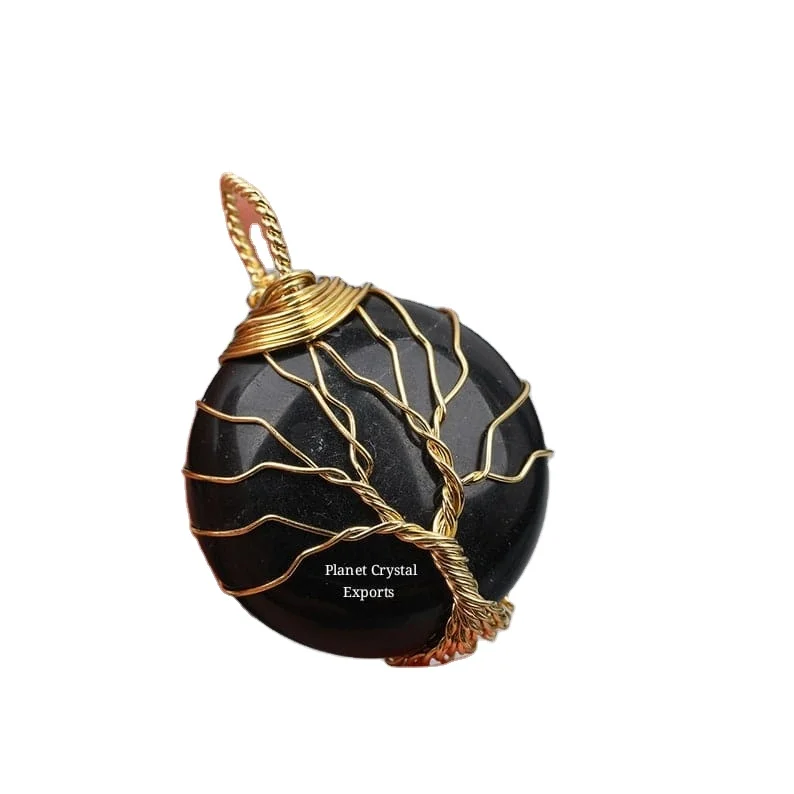 Best Quality Black Obsidian Round Shaped Tree of Life Gold Wire Wrapped Pendants  Buy From Planet Crystal Exports