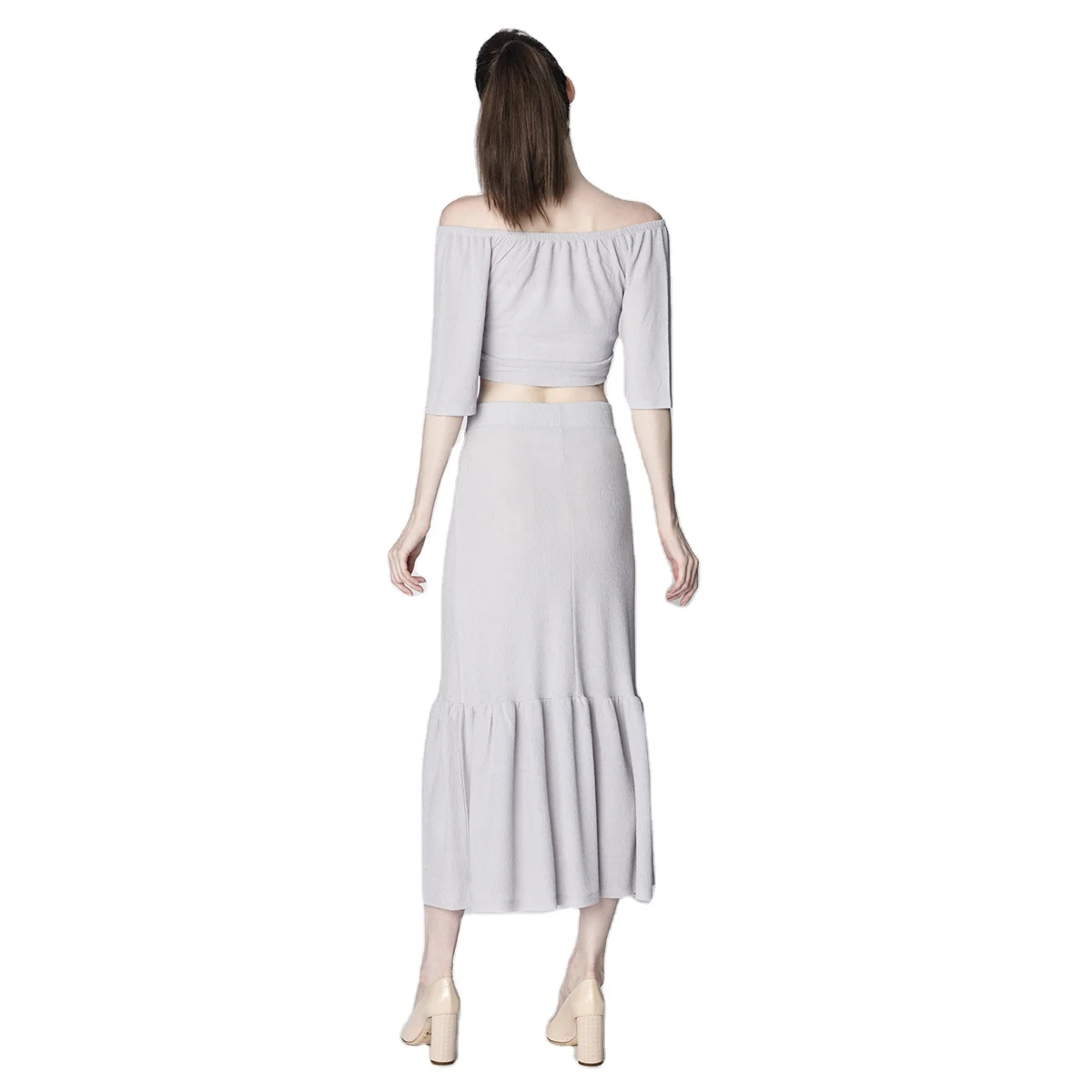LADIES CASUAL FASHION ELASTIC WAISTBAND RUFFLER LONG SKIRT WITH STRAPLESS SHORT SLEEVE