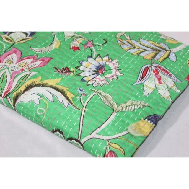 Bedding Bed cover Throw Floral Printed Queen Size Multi Color Wholesale Handmade Bedspread 90x108 inches 100%Cotton Kantha Quilt
