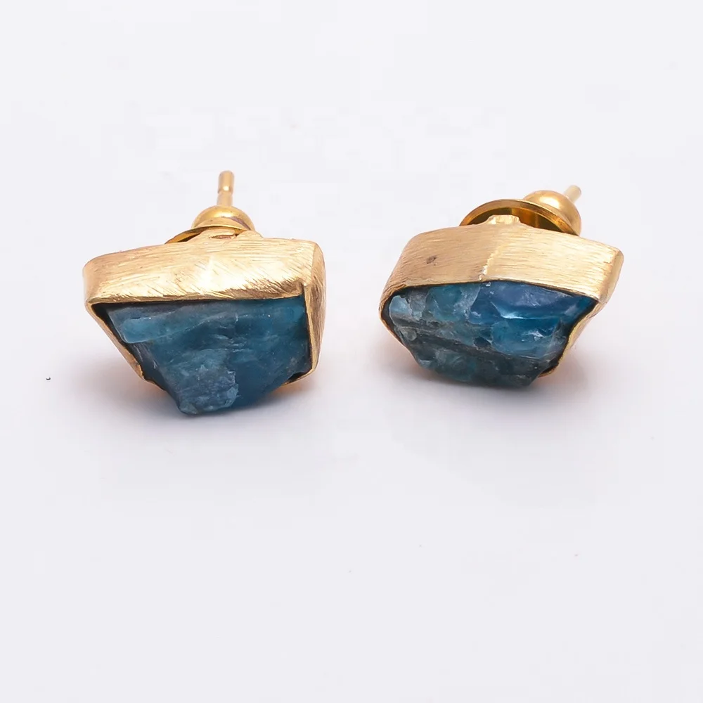Rough Stone Neon Apatite Gemstone Earrings Bulk Wholesale Real Brass Gold Plated Wedding Earrings for Women and Girls
