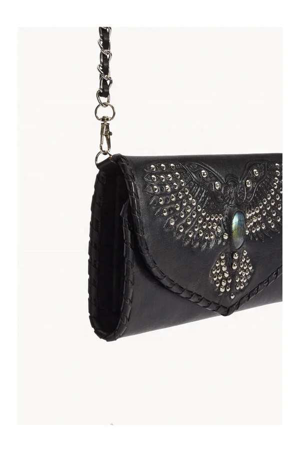 Hand-Painted Black Cow Leather Lady Style Genuine Leather Lining Silver Studded Owl Labradorite Stone Encircled Fur Decoration