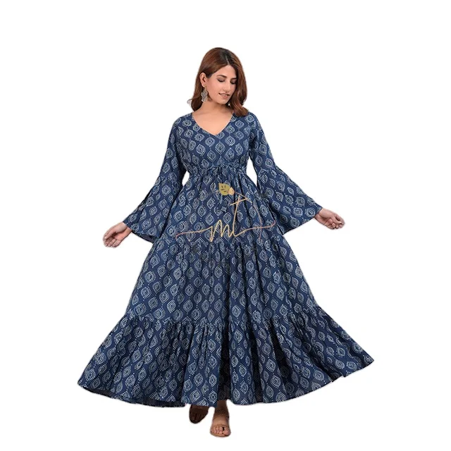Hot Selling Women Casual Dress Hand Block Printed Dress Flounce Sleeve Maxi Standard V-neck Elastic Empire Waist With Drawstring