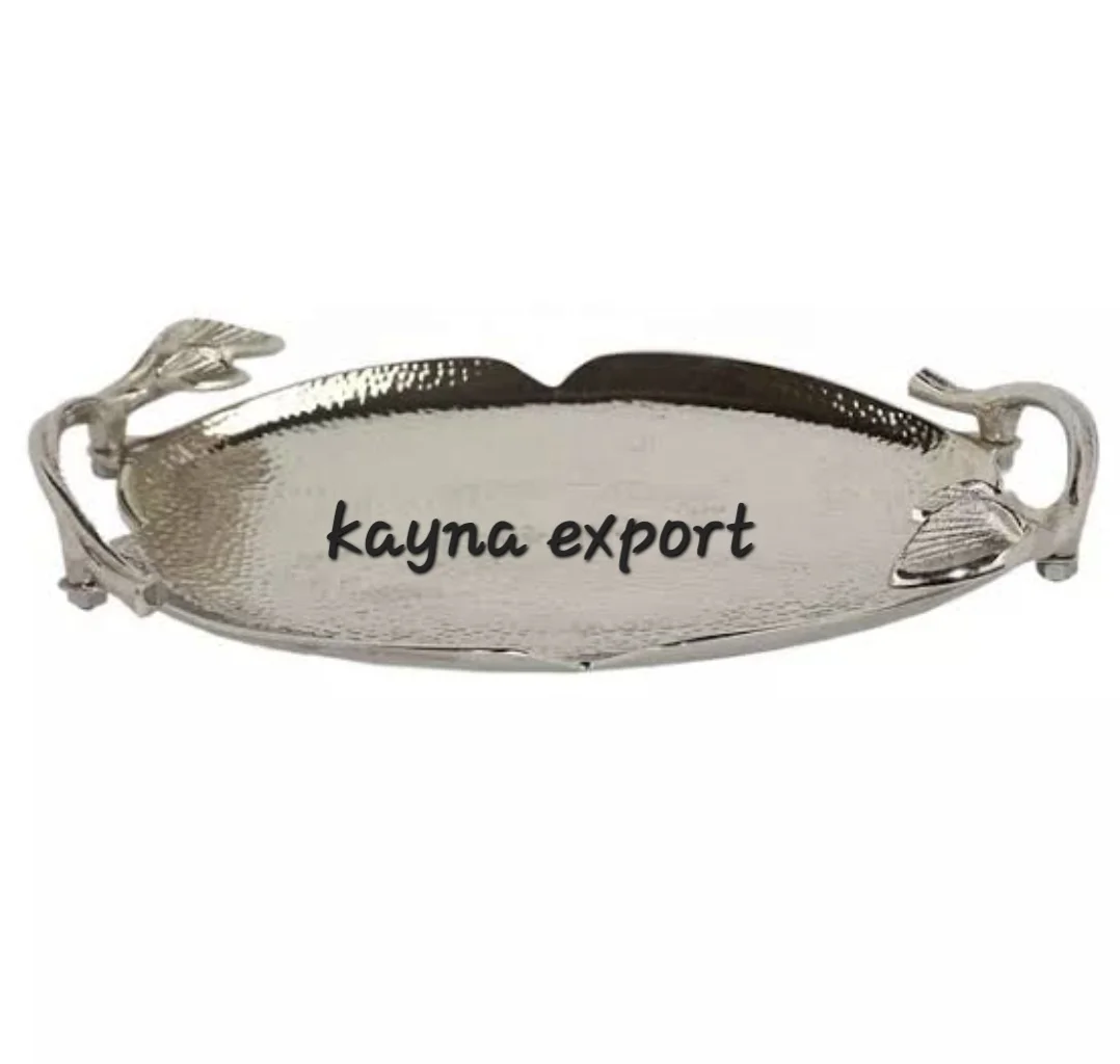 Handicraft metal casting tray plate  nickel platted  with leaf design handle