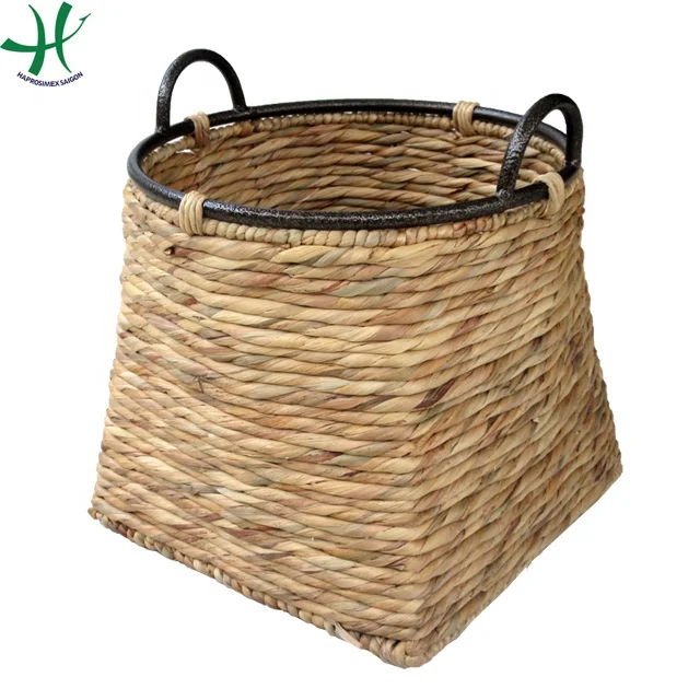 Round water hyacinth storage basket with metal handles and natural color Storage Boxes & Bins