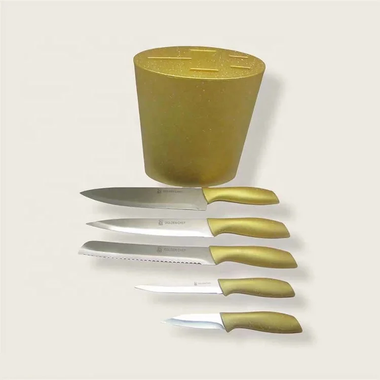 Yangjiang Factory, 5pc kitchen Chef bread slicer knife set stainless steel blade rose gold color handle in rose gold block