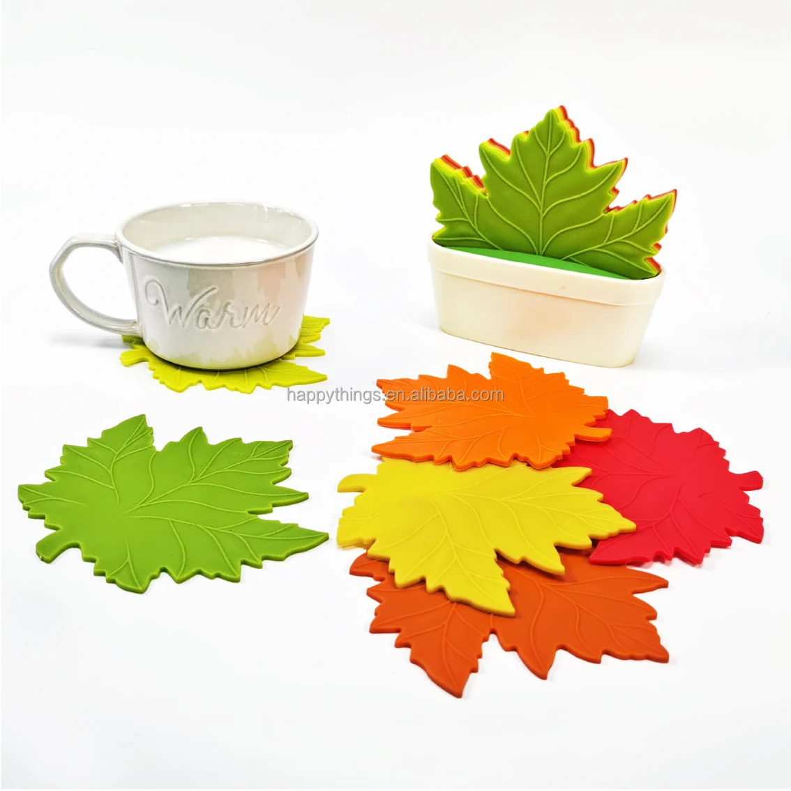 6PCS Party Decorative Artificial Maple Autumn leaves Drinking Cup Coaster set with Plant Pot Holder Stand