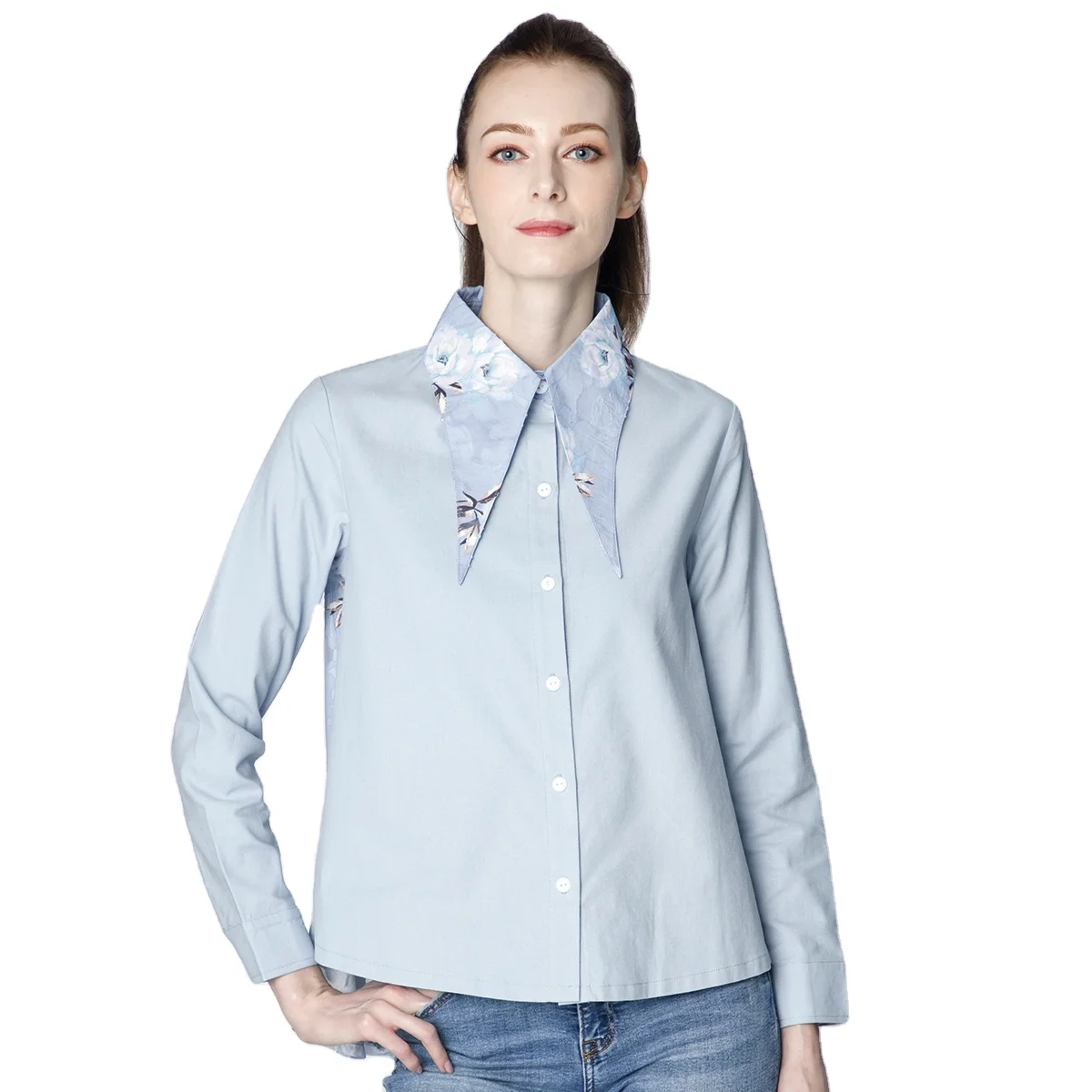 LADIES CASUAL SOLID WITH CONTRAST PRINTED FABRIC WOVEN TOP 21012