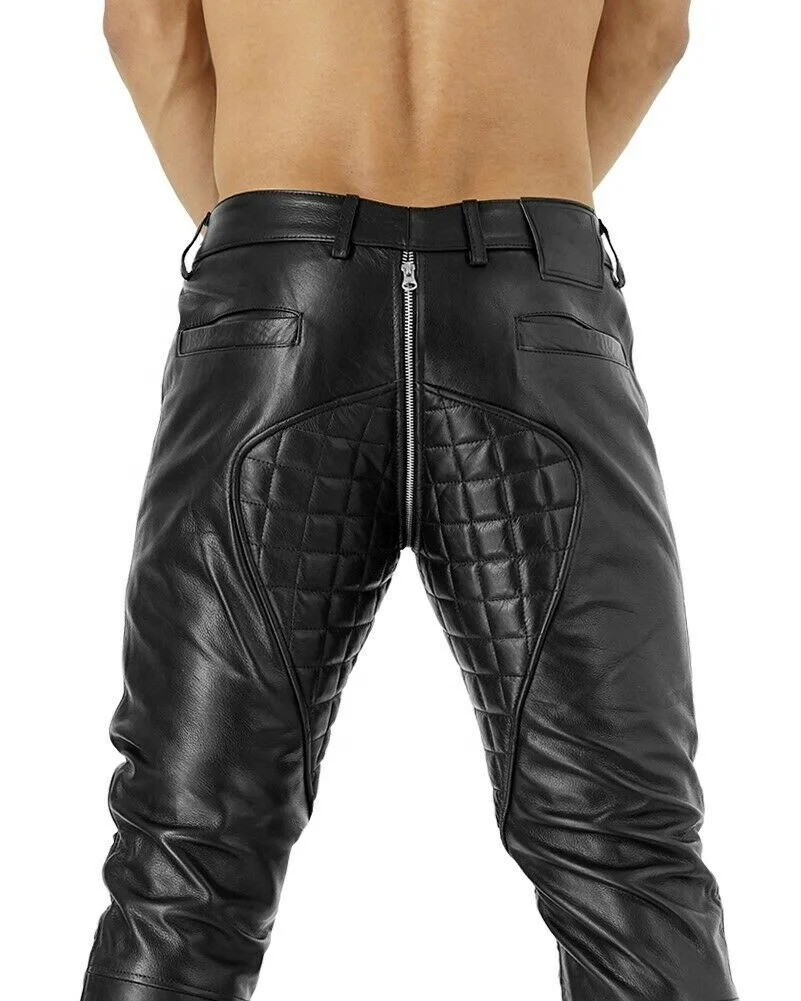 Kiwiz Gay Zip Leather Pants / Aniline Cowhide Smooth Motorbike Leather Pants