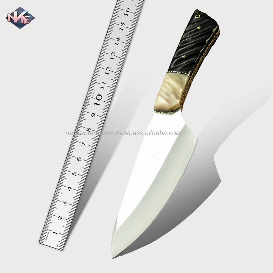 Best Selling Hand Crafted Camping Knife D-2 Steel Hunting Knife with Bull & Ram Horn Handle and Cow Hide Leather Sheath