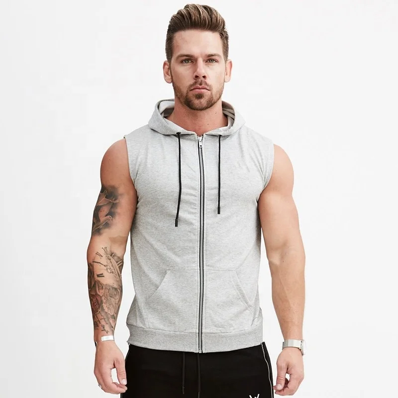 Hot sales Custom Logo Printing 2022 Streetwear Zipper Up Sleeveless Gym Hoodies For Men vest Gym Vest Hooded Vest Tank Top Crop
