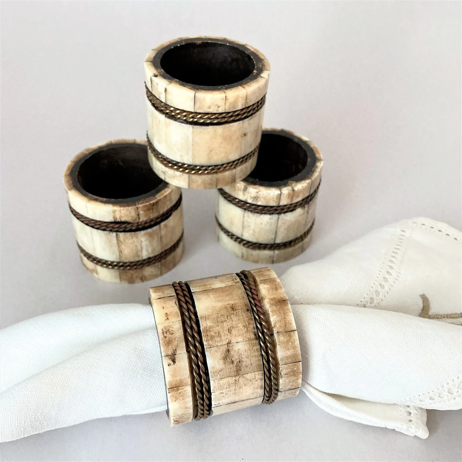 Hand Made Vintage Camel Bone and Brass Napkin Rings Hand Crafted Natural Bovine Bone Napkin Rings with Metal Bands agate