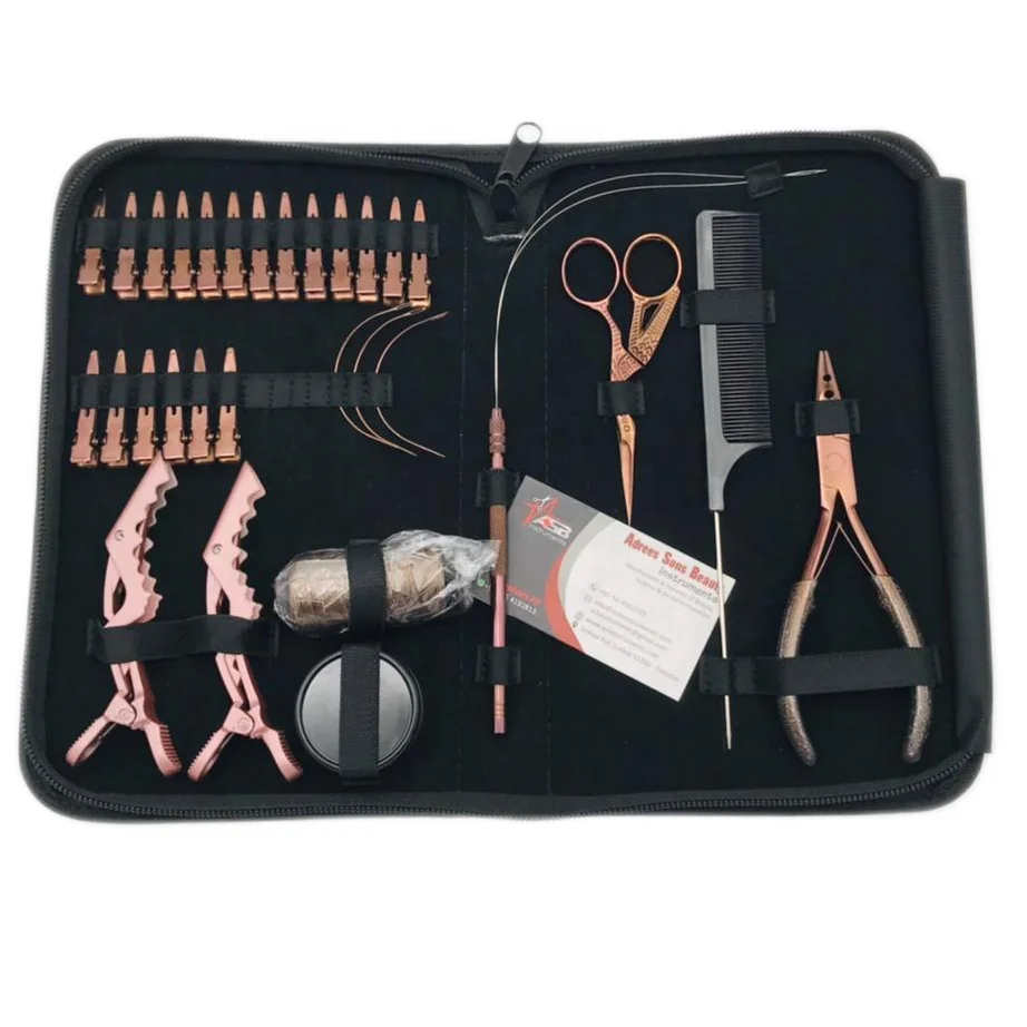 Hand Tied Hair Extension Tools Kit With Sewing Needle Rose Gold Stainless Steel Hair Extension Pliers With Hair Clips, Scissors