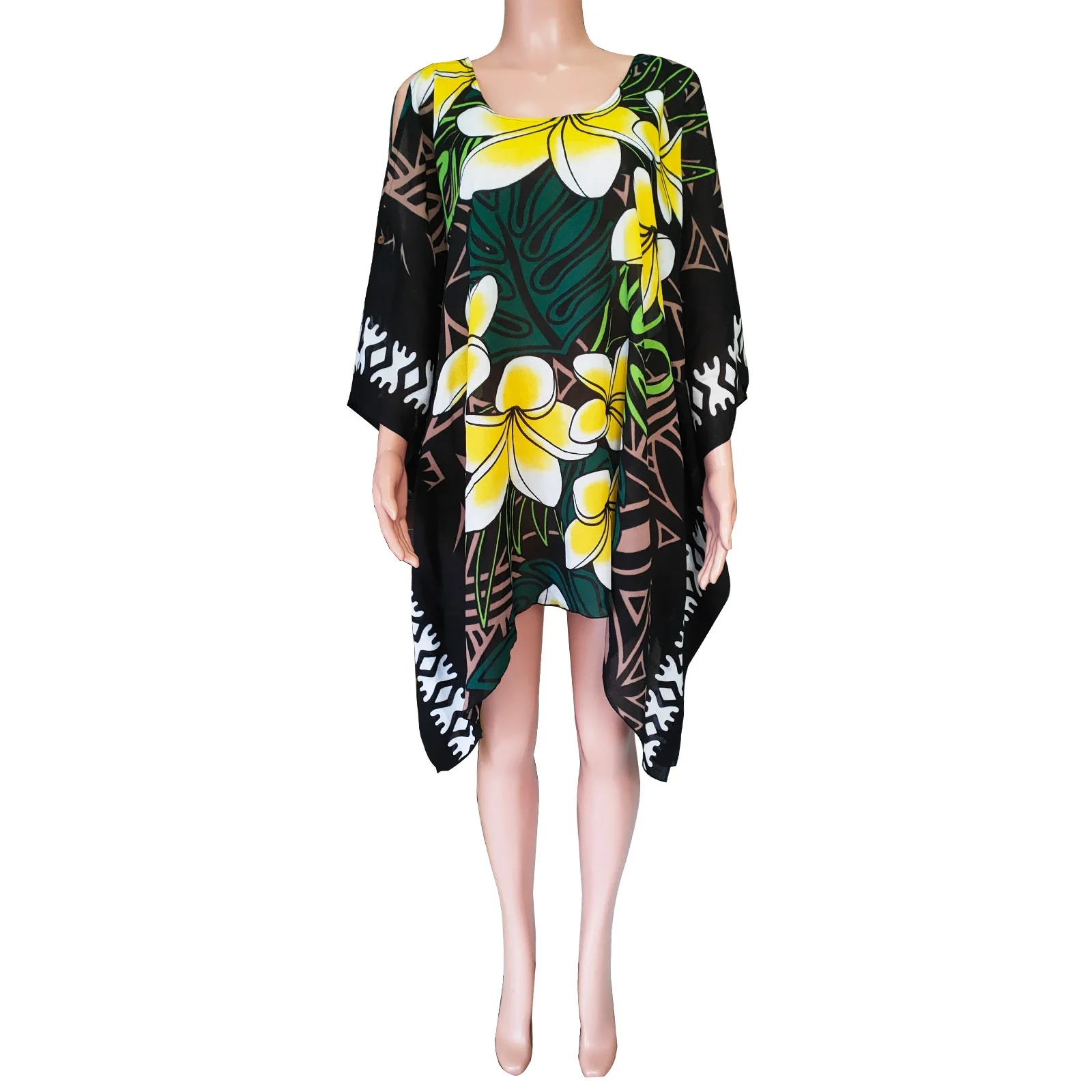 NEW Design Printed Women Casual Poncho Dress Big Plumeria Flower Printed Summer Beach Dresses