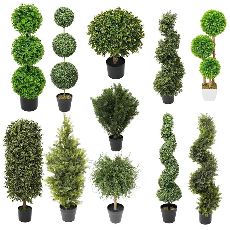 High Quality Faux Plastic Green Leaf Large Artificial Topiary Spiral Tree with Pot for Front Porch Outdoor Decor