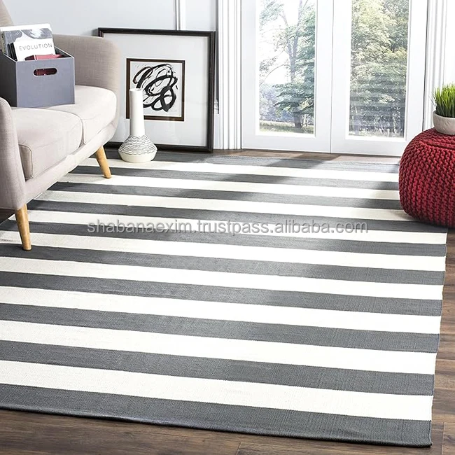 Modern Striped Design Cotton Area Rug New Indoor Floor Carpets for Home Decoration from Indian Suppliers for Living Room