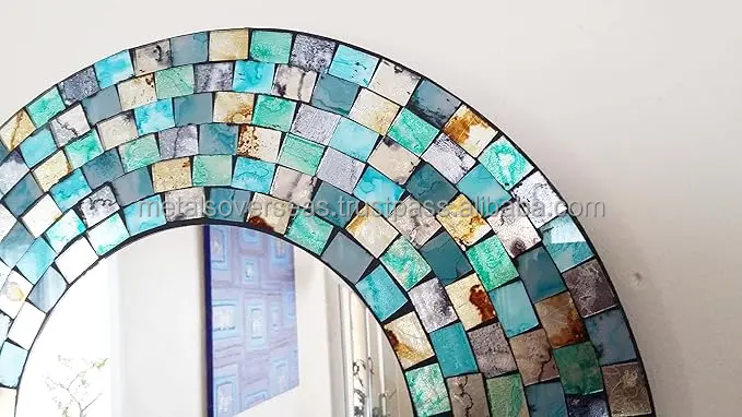 Modern Luxury round Wood Framed Glass Mosaic Hanging Mirror Large Decorative Wall Mounted Home for Living Room Bedroom Bathroom