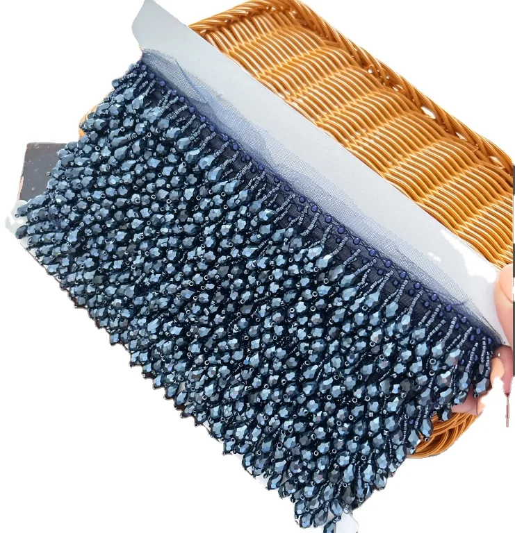 1 Yard Navy Blue Indian Acrylic Faceted Crystal Beaded Tassel Fringe Lace Trim Costume Wholesale 5yards/lot Bead Tassel Tassels