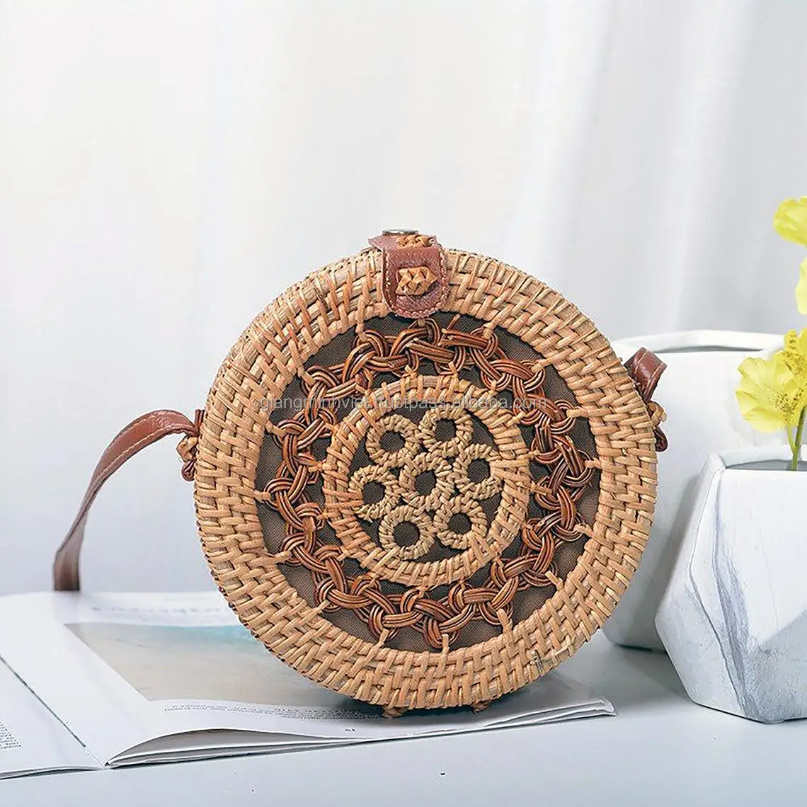 Hot Selling Amazon rectangle rattan handbags and purses for women with PU leather beach and picnic from Vietnam Manufacturer