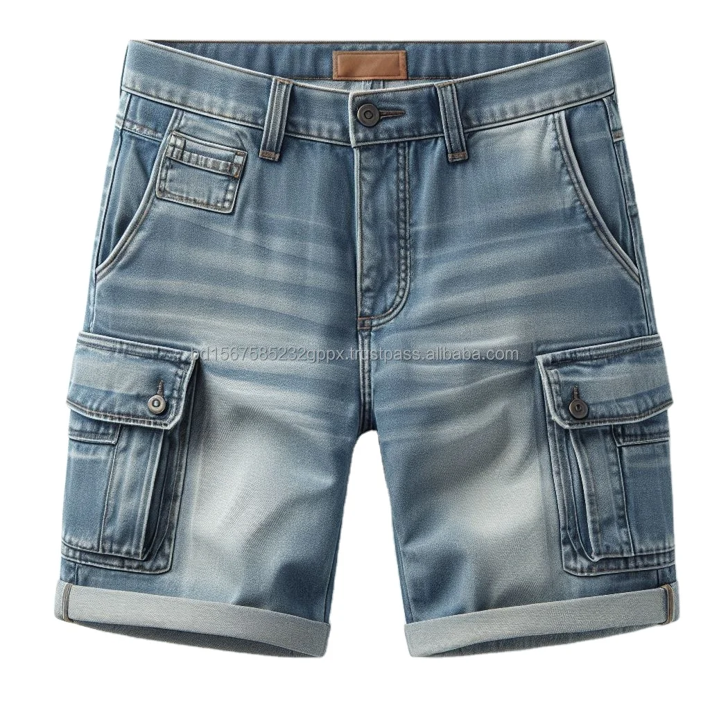 Trendy Dark Washed Denim Cargo Shorts High Quality 8 Pockets Vintage Style Smart Casual for Summer Streetwear Customized Labels