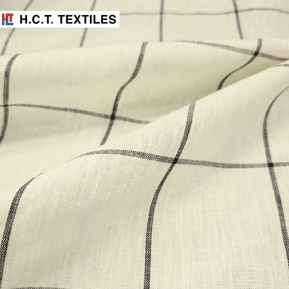 Spring Summer sustainable Plaid windowpane check 165g 100 Linen fabric for dress skirt
