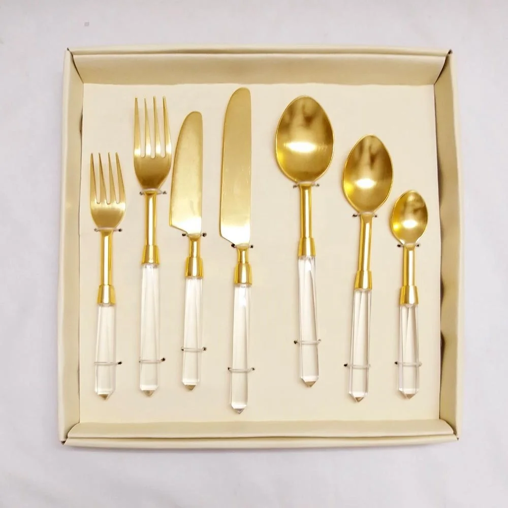 Plain Black Handmade Resin Handle Stainless Steel Gold Plated Designer Seven Piece Flatware Set in a Gift Box