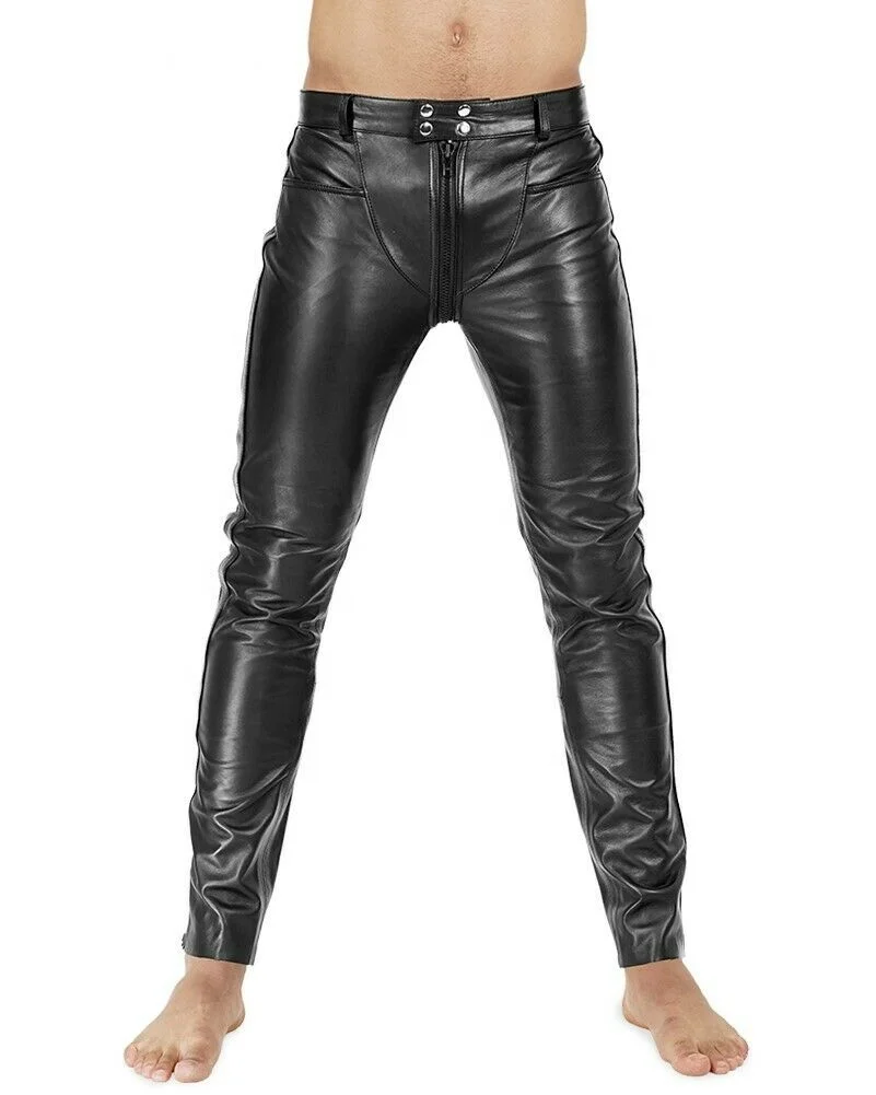 Kiwiz Gay Zip Leather Pants / Aniline Cowhide Smooth Motorbike Leather Pants