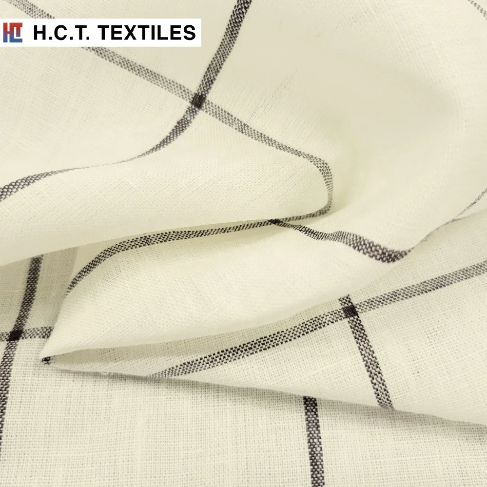 Spring Summer sustainable Plaid windowpane check 165g 100 Linen fabric for dress skirt