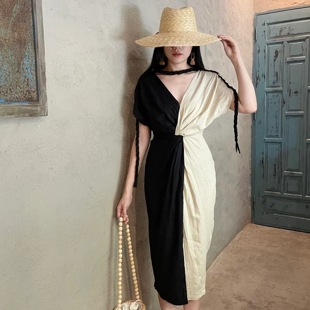 Linen Clothes Dresses Women Midi Linen Dress Cotton For Lady Color Block Casual Wholesale Natural From Vietnam Manufacturer