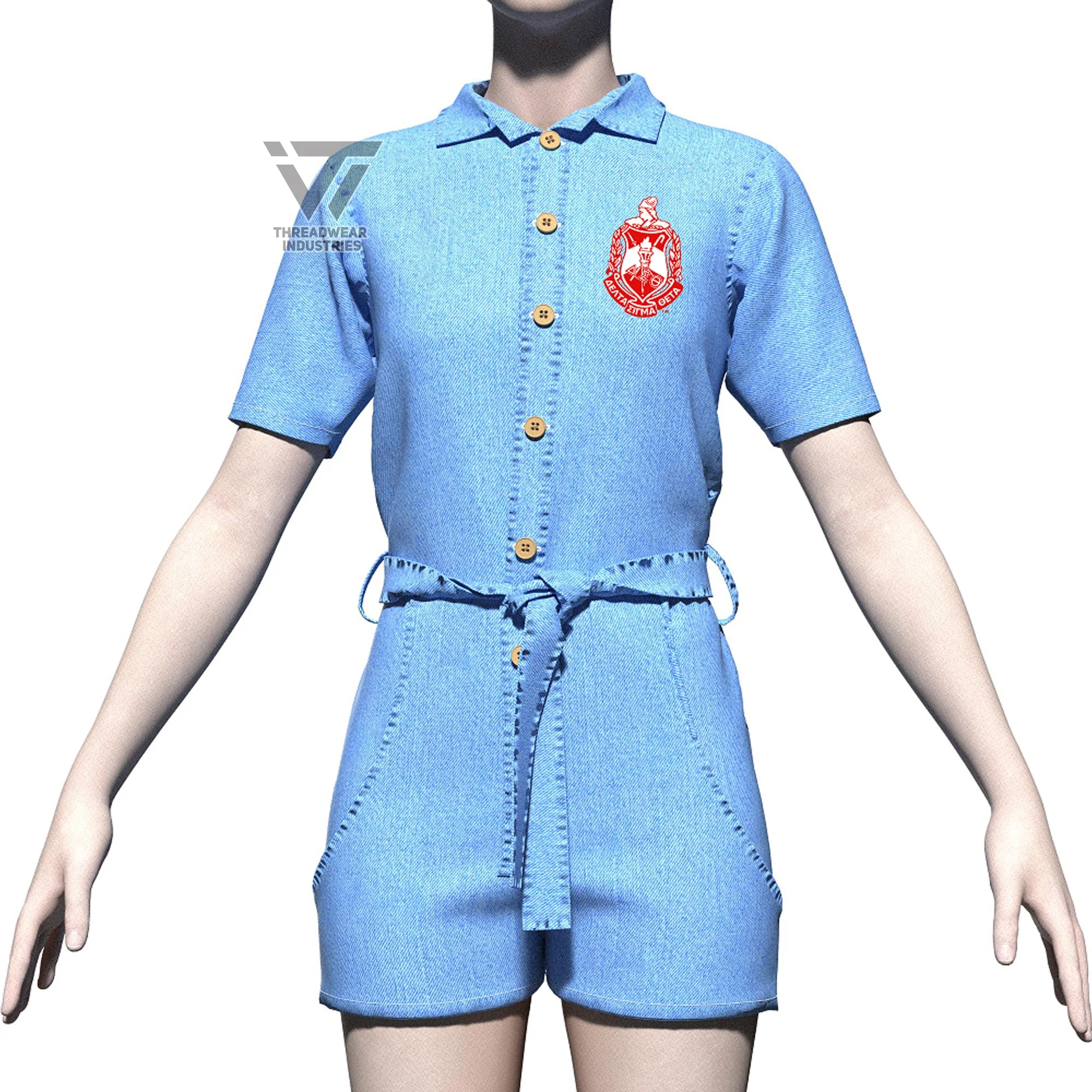 Custom Embroidered Delta | Sigma | Theta DST Denim Romper Greek Paraphernalia Clothing