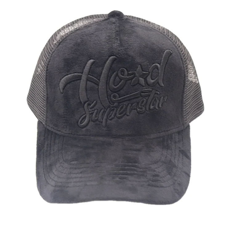 Black velvet and embroidery custom snapback full covered trucker_caps