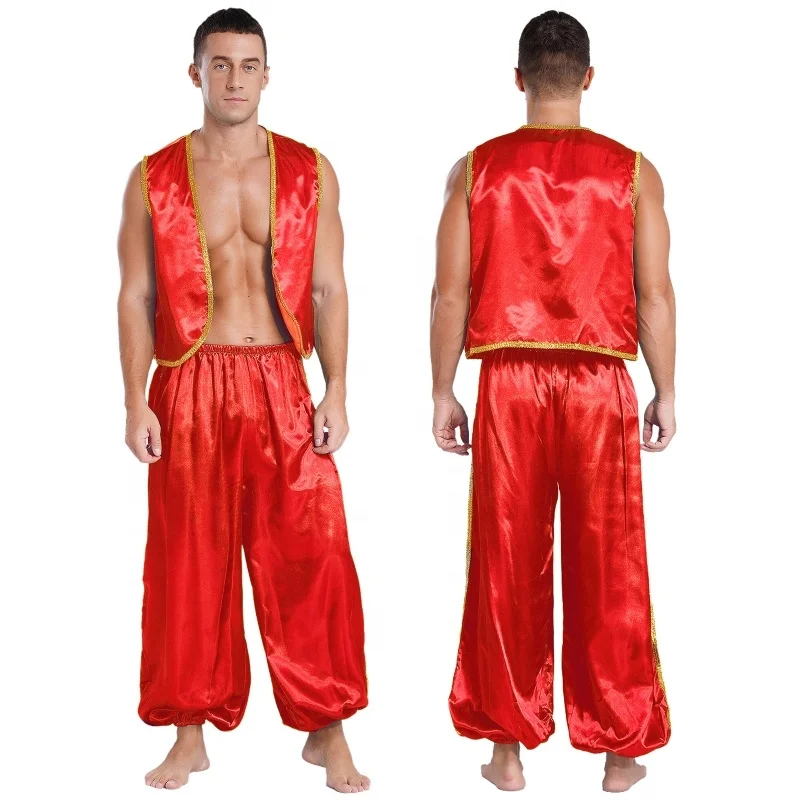 Mens Halloween Arabian Prince Satin Sets Vest Top And Pants Suits For Fairy Tales Cosplay Belly Dance Halloween Stage Costumes
