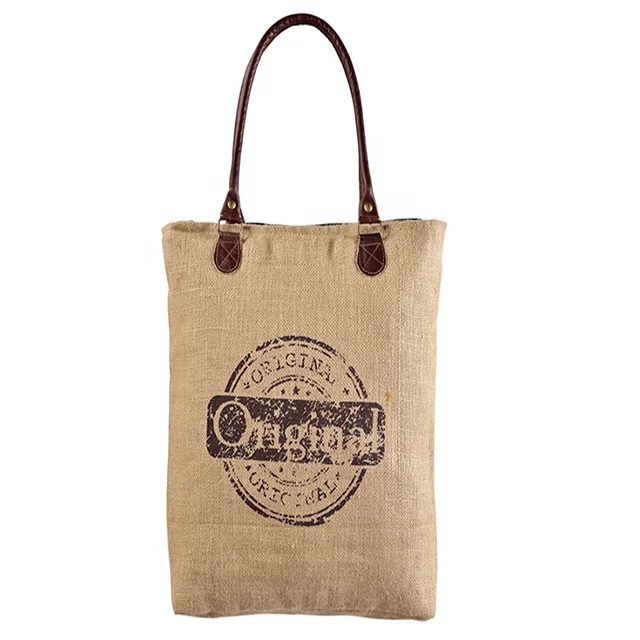 Jute Fabric Textile Bag Leather Handle Ladies Bags