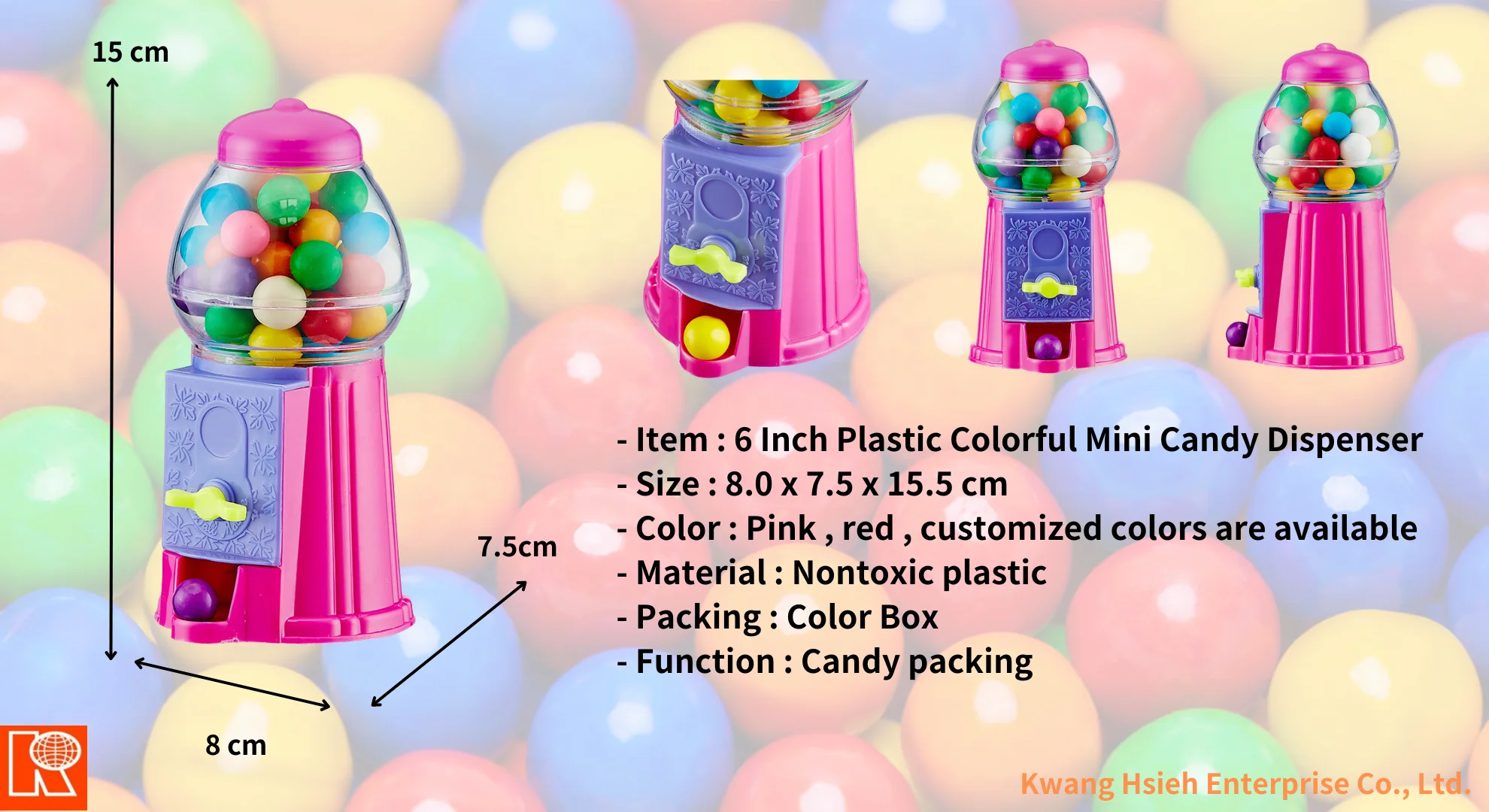 Kwang Hsieh 6 Inch Plastic Colorful Candy Toy Mini Dispenser