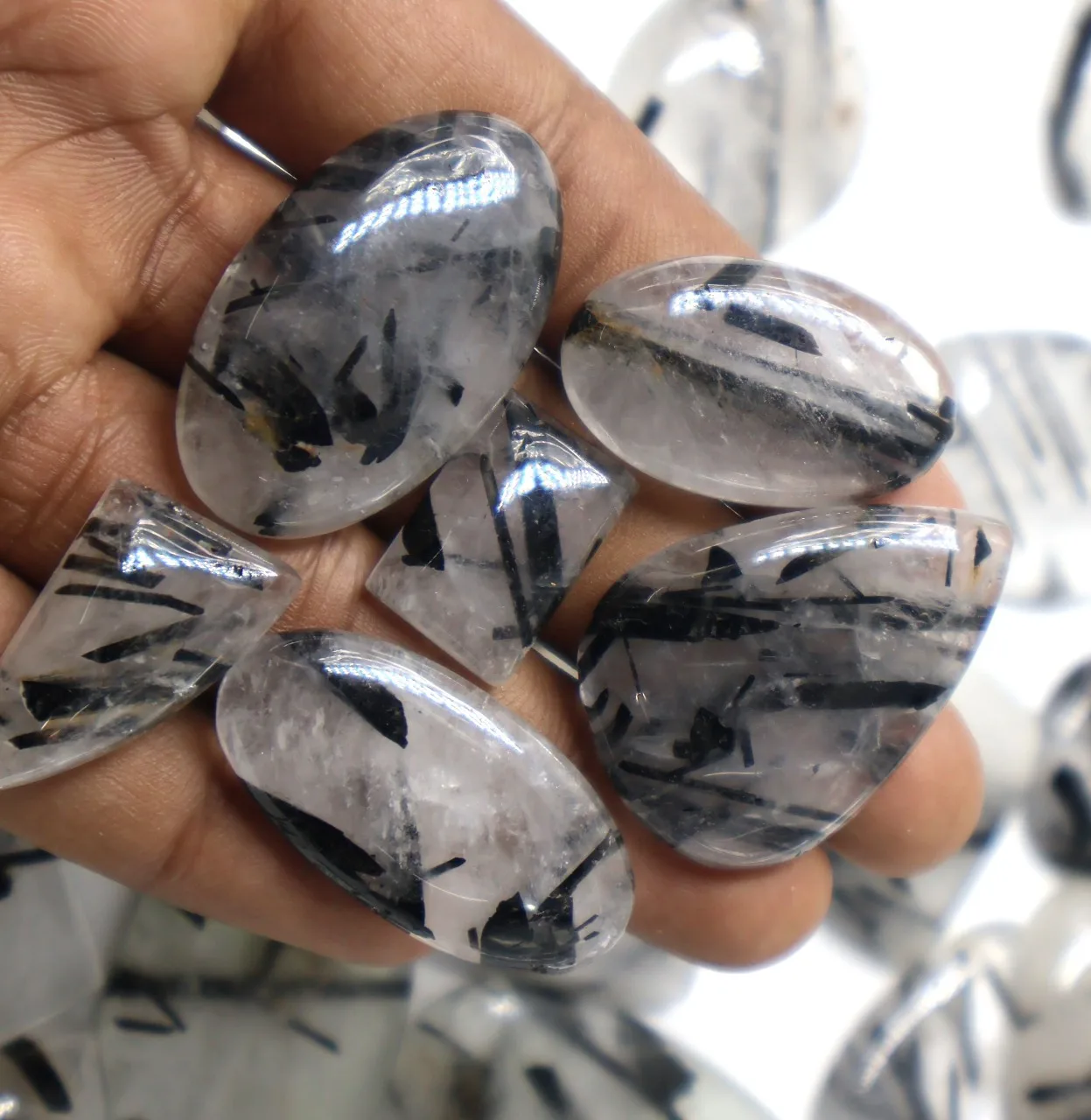 2024 Black Rutile Gemstone Cabochons Mix Shapes Sizes Wholesale Bulk Rutile Crystals Loose Gemstones for Silver Jewelry Making