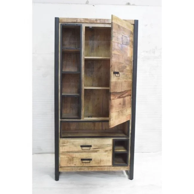 Solid Mango Wood  Antique Finish Big Size Huge Metal Frame Industrial Vintage Living Drawer Panel Cabinet