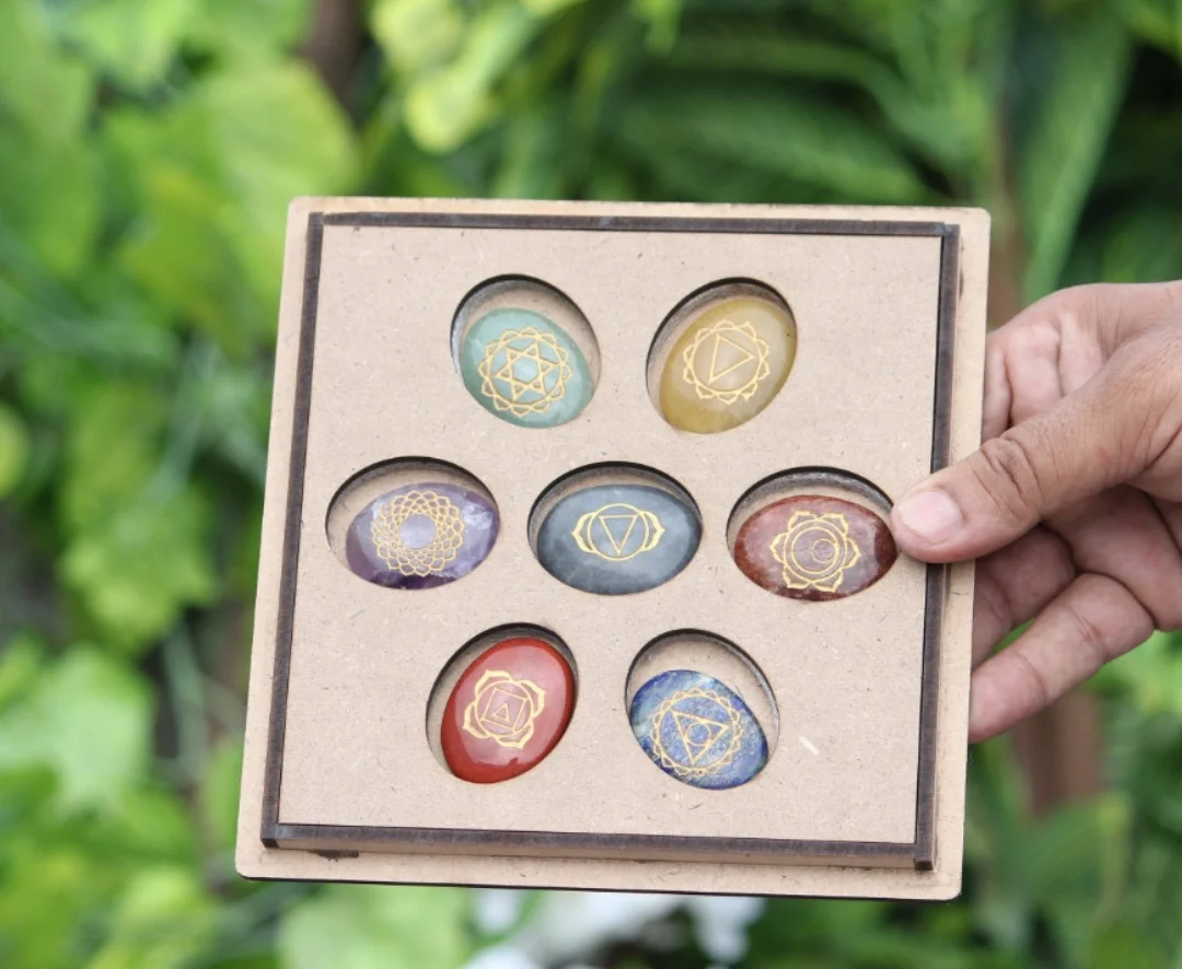 Natural Gemstone Engraved Palm Healing Stone Shape Crystal Seven Chakra Palm Set With Box From Exis Crystal Exports