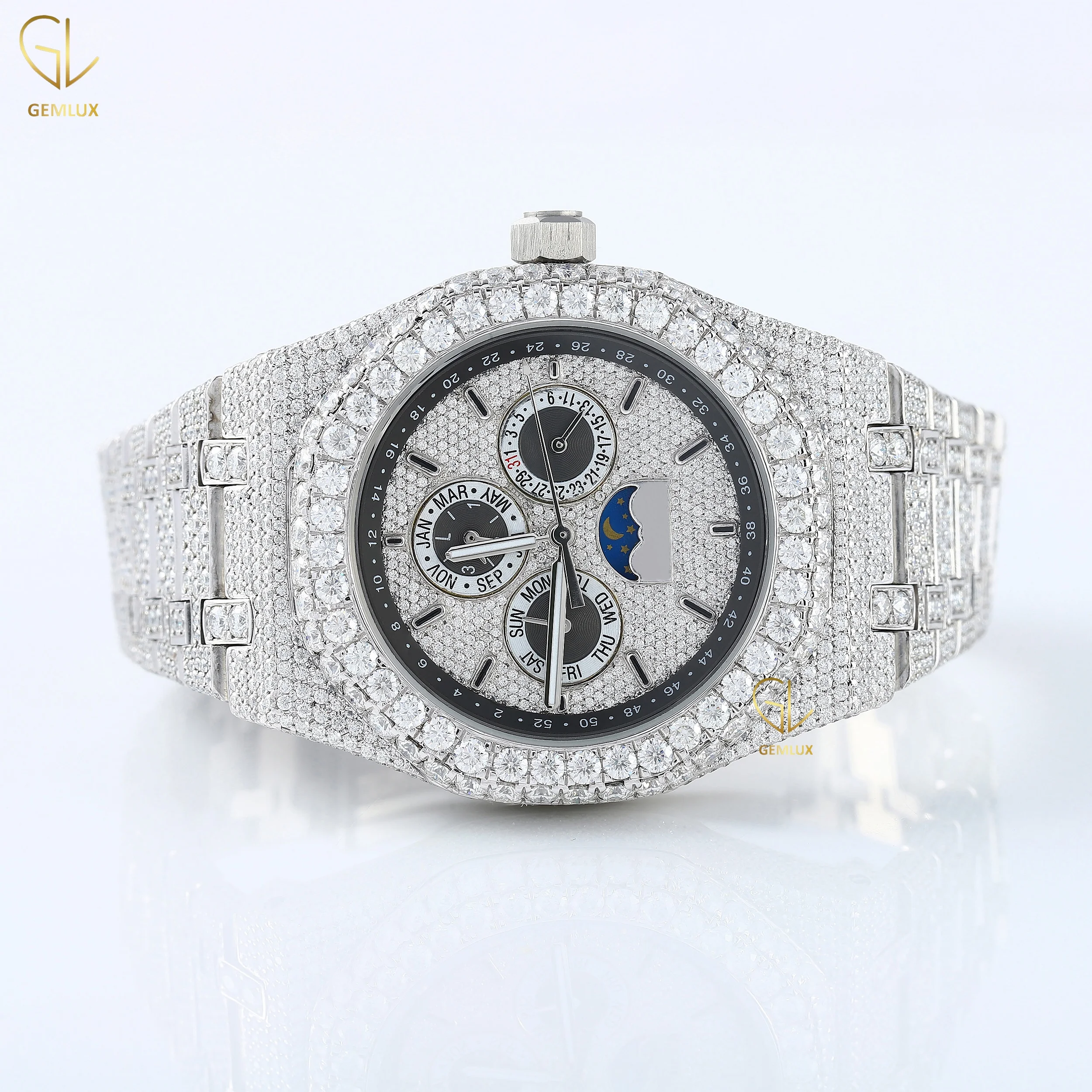 D vvs round brilliant cut crystal charm fully iced out chronograf  New Trendy romal dial real Moissanite diamond jewelry watch