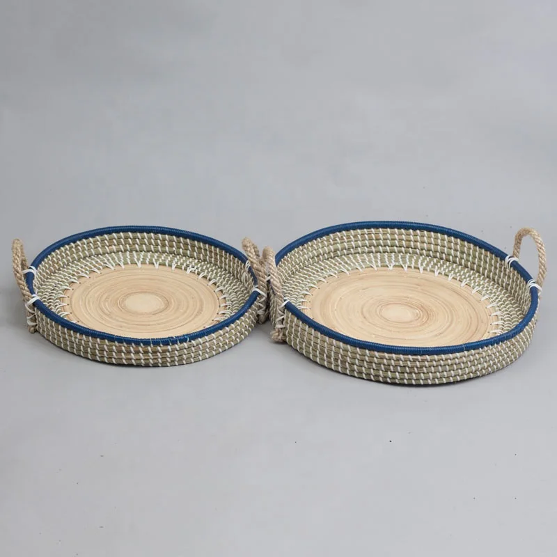 Seagrass and bamboo tray with rope handles/Wood tray for home decor